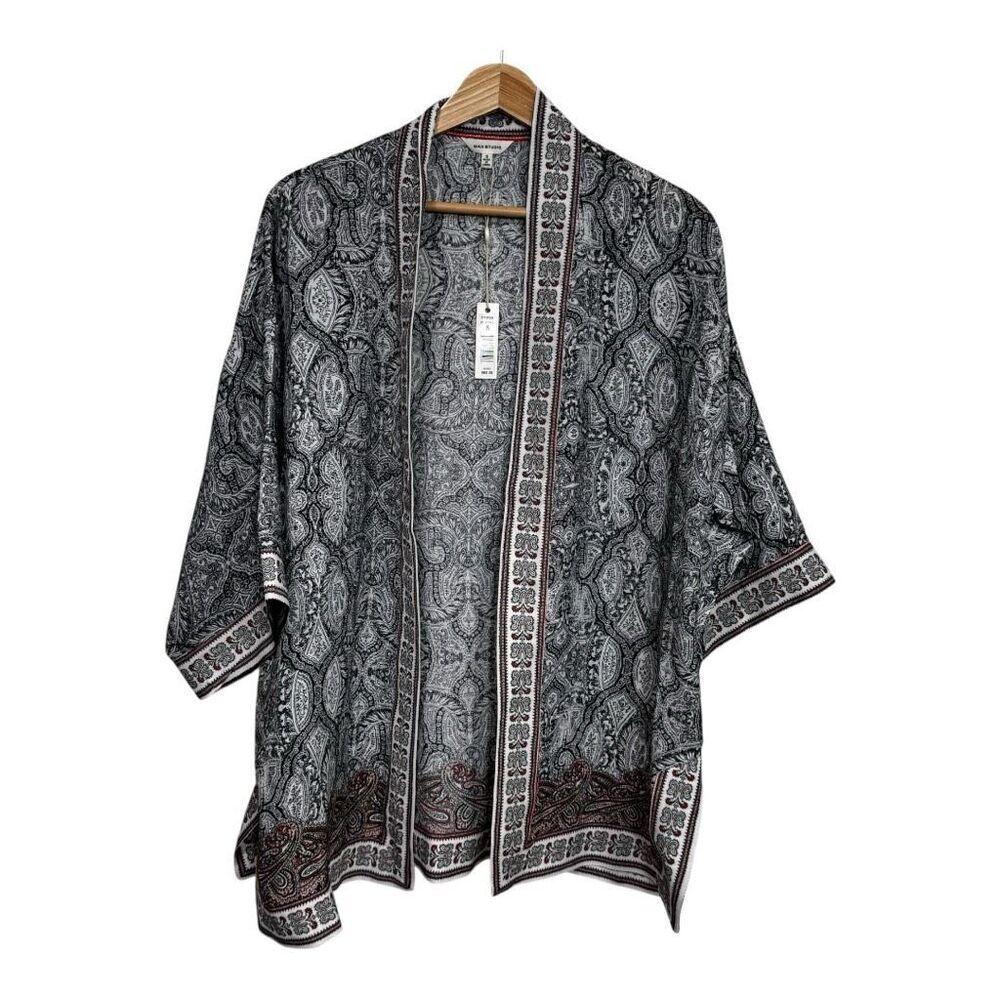 Max Studio Women's Kimono Floral Paisley Open Front Cardigan Black Red Size S